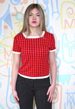 Jumper Knit Red Crop Top Agnes B White Grid Pattern Medium