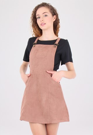 TAN SUEDE DUNGAREE PINAFORE DRESS