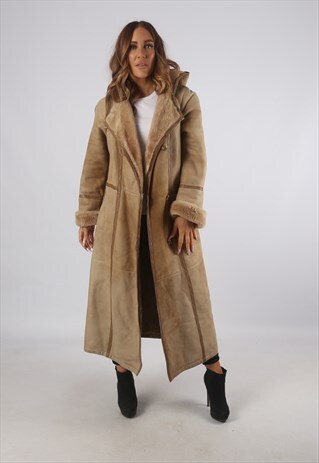 VINTAGE SHEEPSKIN SUEDE SHEARLING COAT LONG HOODED (93Q)