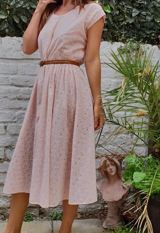 VINTAGE 80S PINK MIDI BRODERIE ANGLAIS SUMMER DRESS