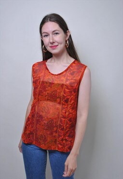 Vintage women blouse, 90s transparent orange rave shirt 