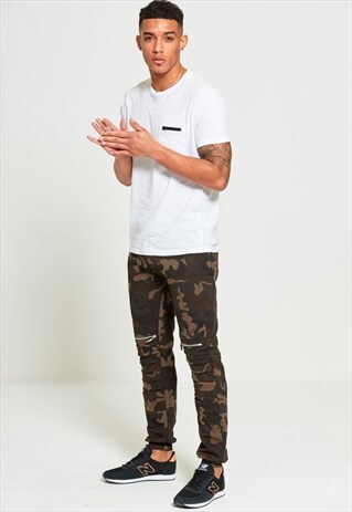 MENS KHAKI CAMOUFLAGE RIBBED LEG ZIP KNEE JOGGING BOTTOMS