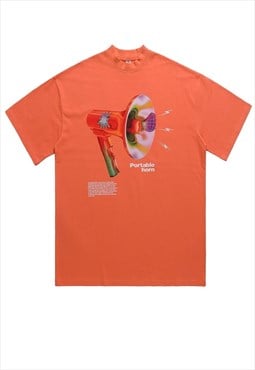 Horn print t-shirt grunge tee retro raver top in orange