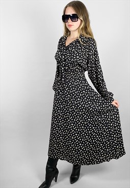 70's Vintage Ladies Black White Leaf Print Midi Dress