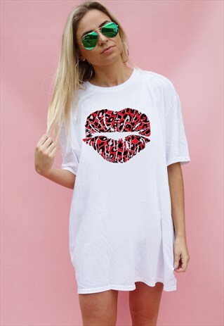 RED LEOPARD LIP KISS OVERSIZE TSHIRT DRESS