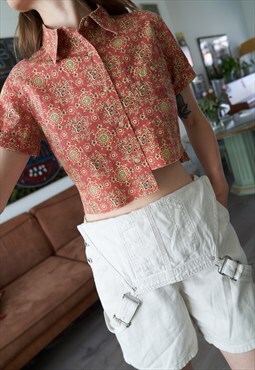 Vintage Cropped Maul Coral Patterned Shirt Asymmetric 