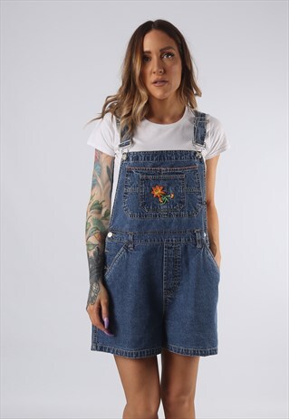 VINTAGE NO BOUNDARIES DENIM DUNGAREE SHORTS UK 14 LARGE BD4X