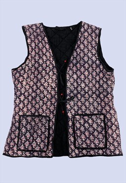 Purple Black Ditsy Floral Print Padded Quilted Waistcoat