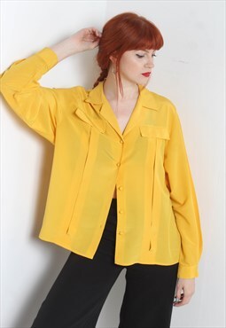 Vintage 80's Womens Sheer Blouse Shirt Yellow