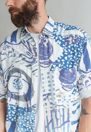 VINTAGE 80S FUNKY FESTIVAL SHIRT IN BLUE PATTERN