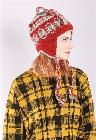 VINTAGE 90S NORDIC KNIT PLAIT WINTER BOBBLE HAT