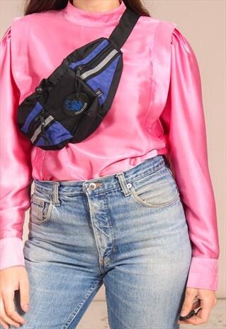 VINTAGE 90S BUM BAG IN BLACK AND BLUE NYLON
