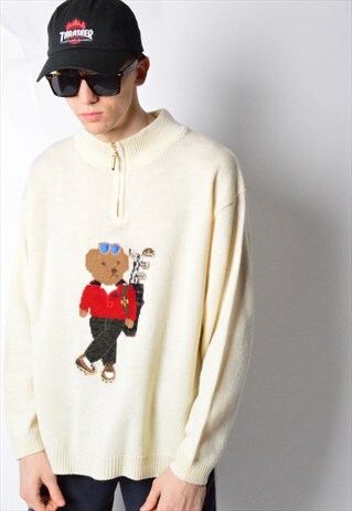 VINTAGE 90S BEIGE KNIT GOLF BEAR 1/3 ZIPPER JUMPER