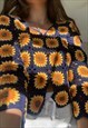 Sundance Kid Blue & Orange Sunflower crochet Cardigan 