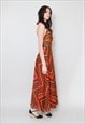 70' LADIES VINTAGE DRESS RED HALTER NECK FLORAL MAXI DRESS