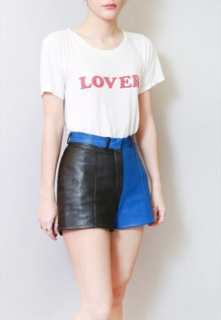 VINTAGE 1980'S VIBRANT BLUE & BLACK SOFT LEATHER SHORTS