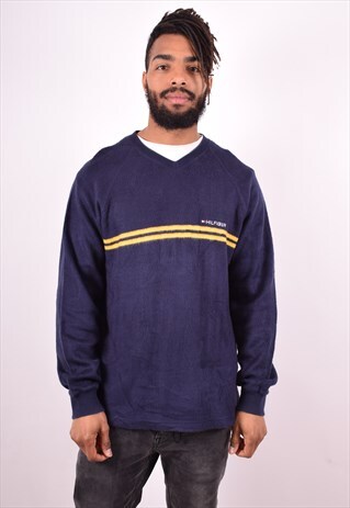 TOMMY HILFIGER MENS VINTAGE FLEECE JUMPER LARGE BLUE 90S