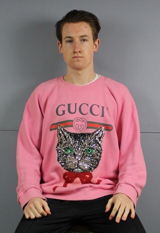 VINTAGE GUCCI MYSTIC CAT SWEATSHIRT IN PINK WITH SEQUIN LOGO