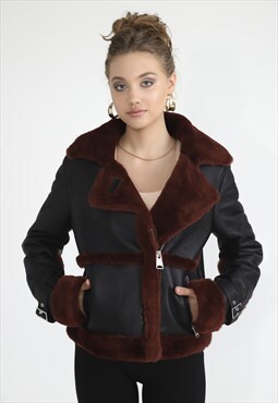 Womens Sheepskin Fashion Jacket -  Silky Black /  Burgundy W