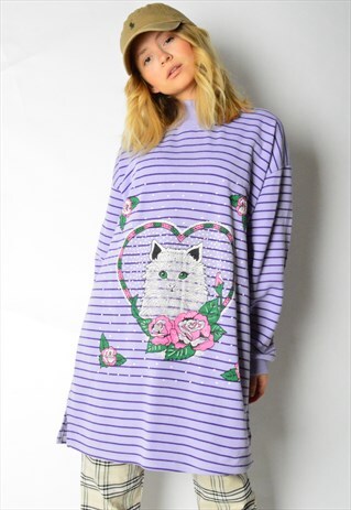 VINTAGE 80S PURPLE STRIPED CAT SWEATSHIRT