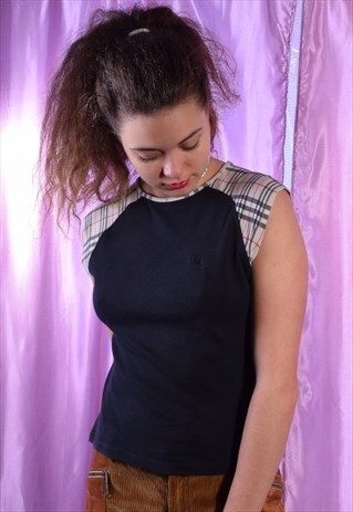 VINTAGE Y2K BURBERRY BLACK TOP WITH NOVA CHECK SHOULDERS