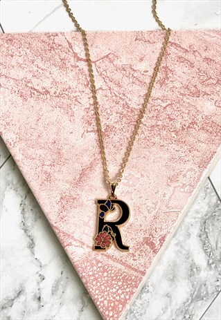 80S 'R' INITIAL PENDANT FLORAL NECKLACE VINTAGE JEWELLERY