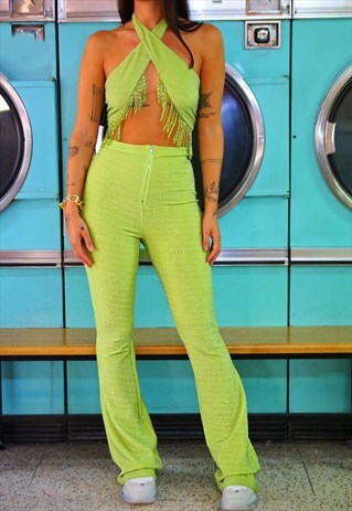 GREEN GLITTER LUREX HIGH WAISTED FLARES