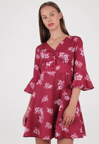 FLORAL V NECK TEA DRESS WITH BELL SLEEVE