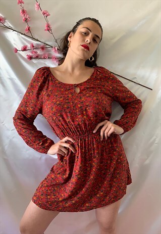 VINTAGE 90S MINI RED DRESS IN DITSY FLORAL PRINT