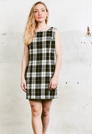 VINTAGE 80S MONOCHROME TARTAN PLAID DRESS