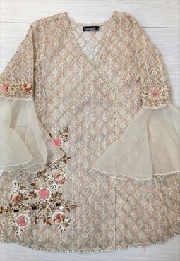 Pakistani Wedding Dress Sheer Embroidered Cream