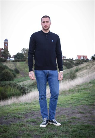 BLACK FITTED LONG SLEEVE POLO SHIRT WITH BLUE DOG LOGO