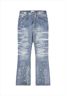 Ripped jeans bleached denim pants distressed trousers blue