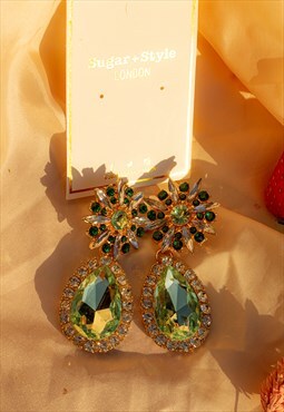 Oversized Flower Jewel Dangle Earrings in Green