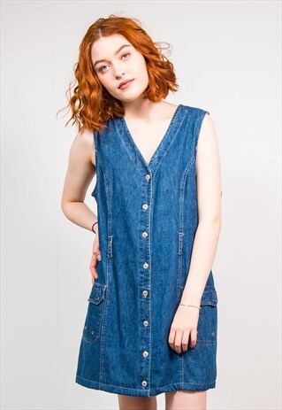 90'S VINTAGE DARK BLUE DENIM PINAFORE MINI DRESS