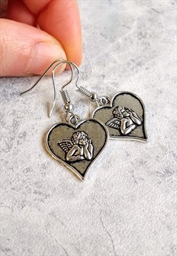 Antique-style Cupid Cherub Heart Earrings