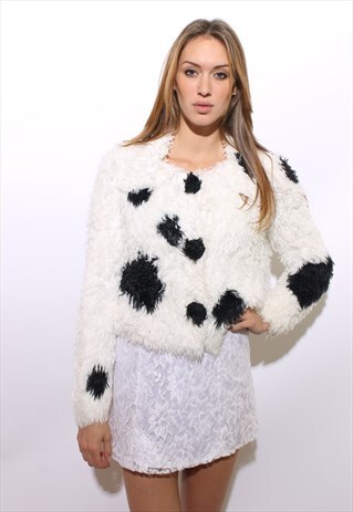 VINTAGE 1990'S 90'S SHAGGY WHITE & BLACK DOTTED JACKET M-L