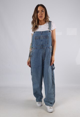 VINTAGE DENIM DUNGAREES WIDE LEG UK 14 LARGE (HD1J)