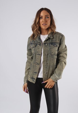 VINTAGE DENIM JACKET MOTO DIRT WASH UK 10 SMALL (95AH)