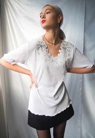 VINTAGE WHITE PLISSE SEQUIN BLOUSE