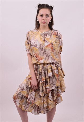 VINTAGE 80'S BROWN CRAZY PRINT RA RA DRESS SIZE 8 10 12 RARE