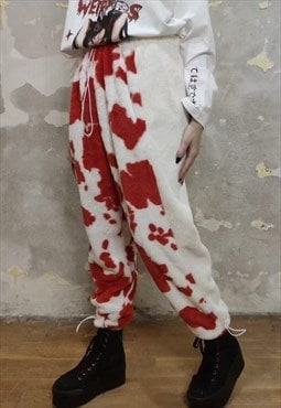 Cow fleece joggers handmade animal print overalls in red