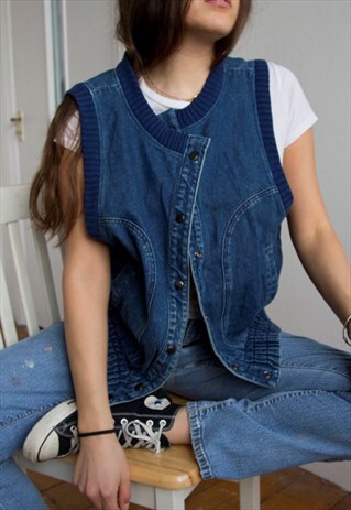 90S VINTAGE DARK BLUE DENIM VEST WITH RIBBING