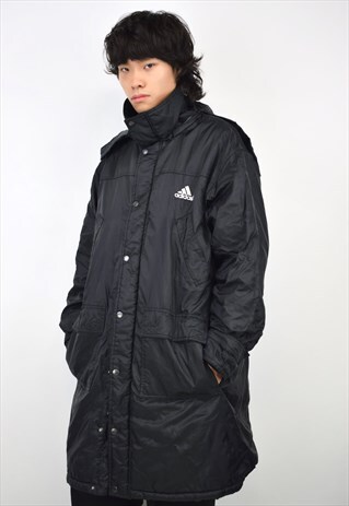 VINTAGE 90S ADIDAS BLACK PADDED HOOD RAIN COAT