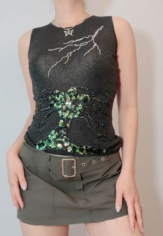 VINTAGE Y2K SEQUINS EMBROIDERY SLEEVELESS SWEATER