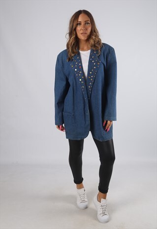 VINTAGE DENIM BLAZER JACKET OVERSIZED LONGLINE UK 18 (KHDB)