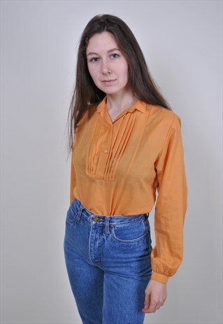 VINTAGE ORANGE RUFFLE BLOUSE, 80S EVENING SHIRT
