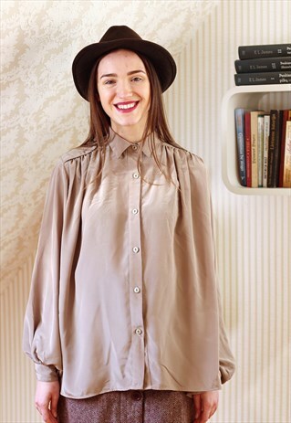 LIGHT BROWN SATINY LONG SLEEVE SHIRT