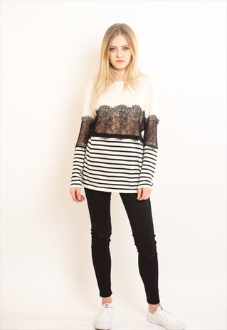 STRIPE PRINT WITH LACE MESH JUMPER (WHITE)