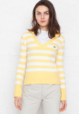 VINTAGE YELLOW WHITE LACOSTE KNIT JUMPER HOODIE SWEATER